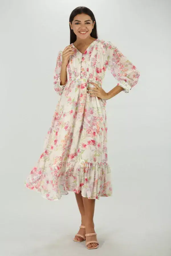 White Floral Print Georgette Dress