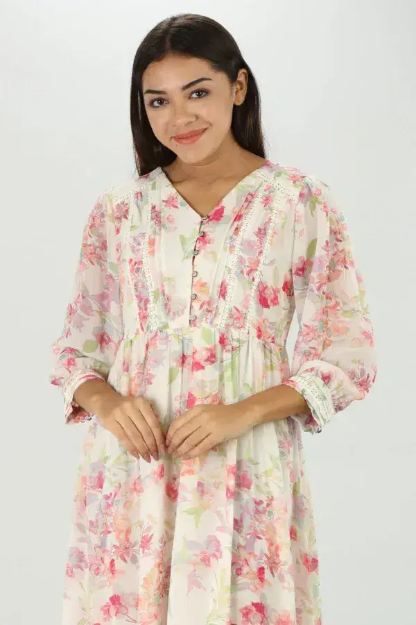 White Floral Print Georgette Dress