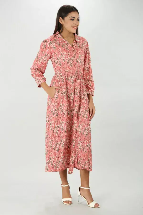 Pink Printed Collared Dress
