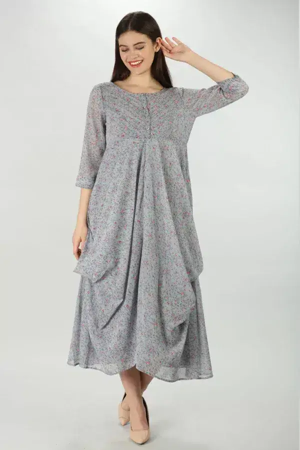 Printed Light Grey Georgette Dress