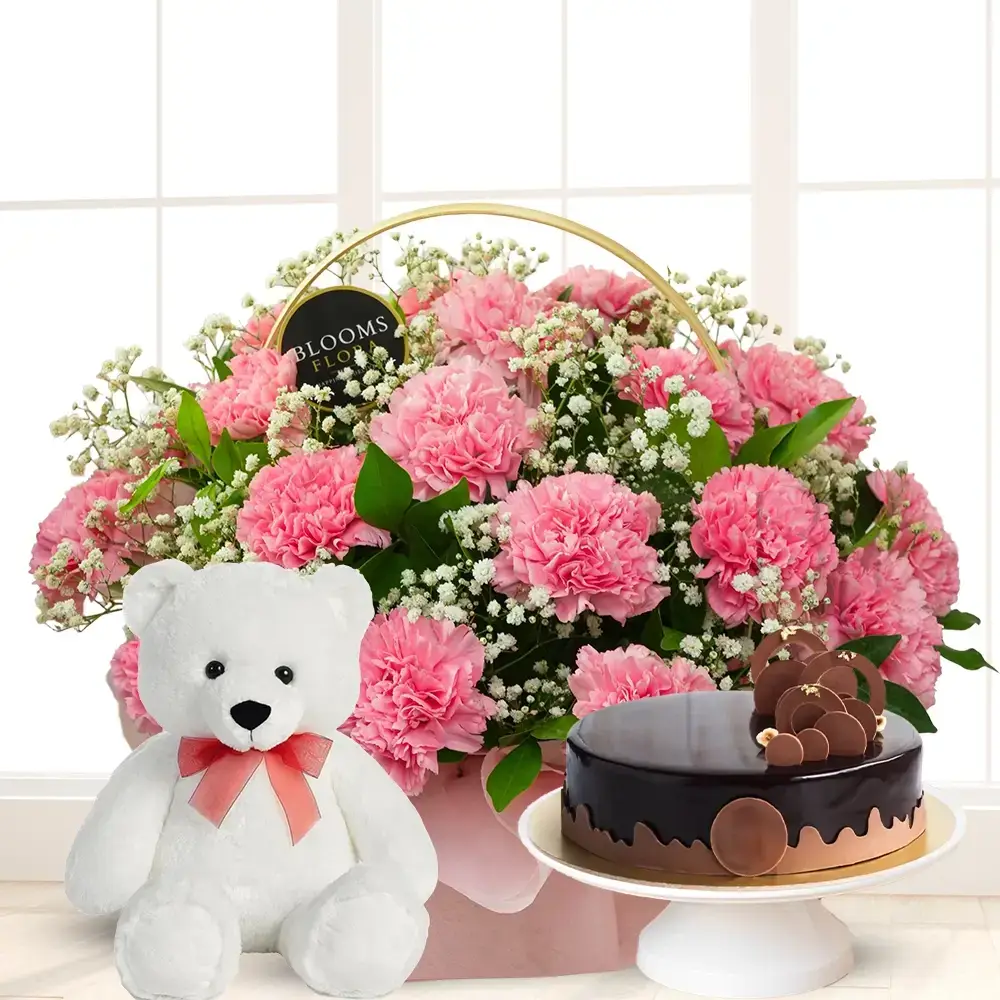 Basket of Pink Carnations,Cake & Teddy