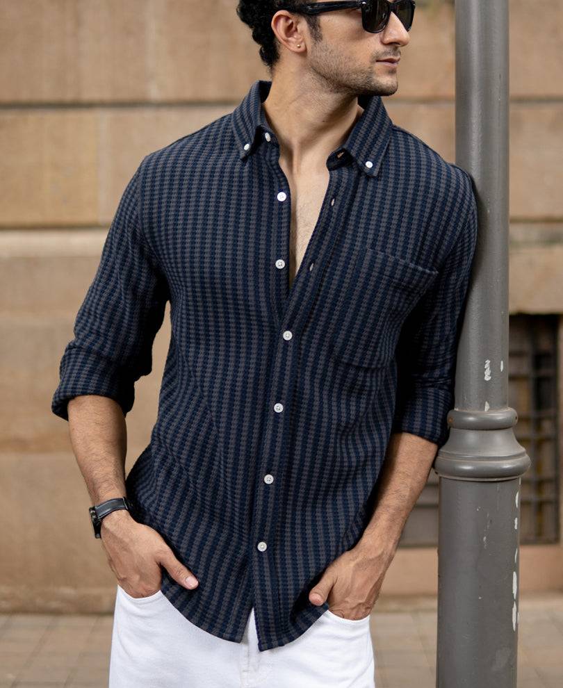 Grey Knit Structured Stripe Shirt Buy @ ₹1199