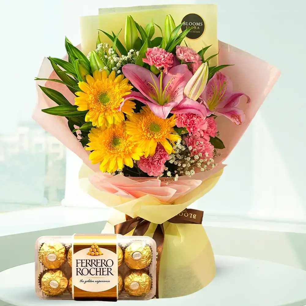 Gerberas, Carnations, Lilies Bouquet & Chocolate