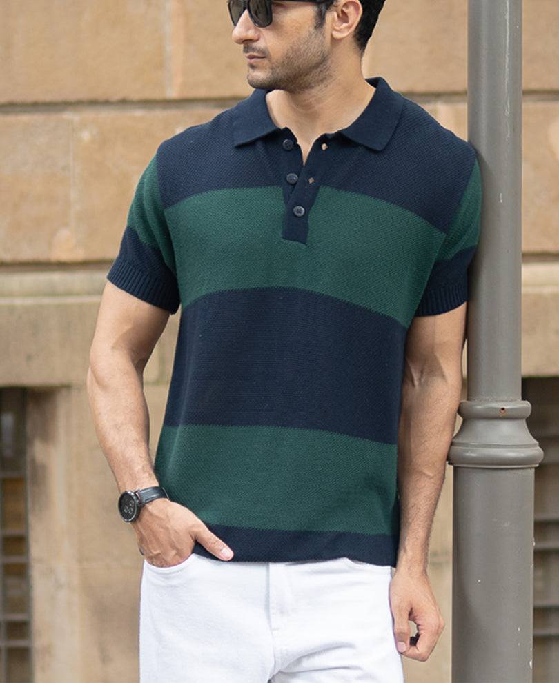 Olive And Navy Knitted Stripe T-Shirt Buy @ ₹999