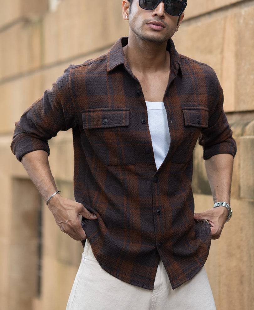 Dark Brown Structured Checks Shirt Buy @ ₹1199