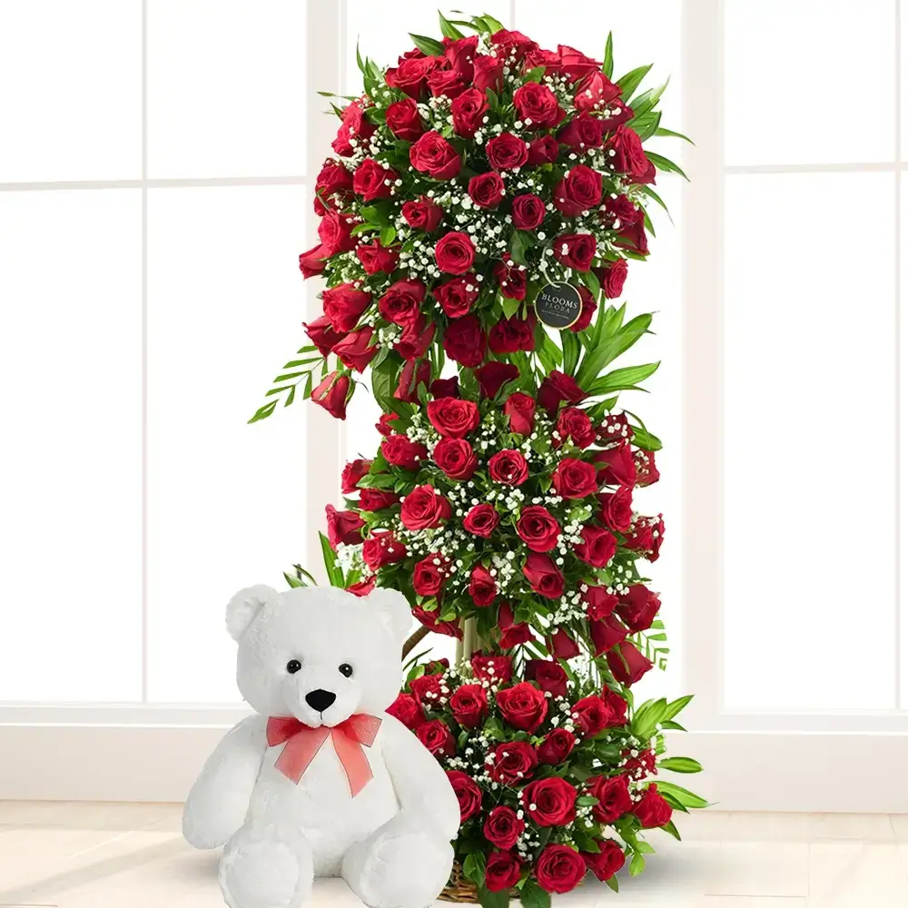 Basket Arrangement of Red Roses & Teddy