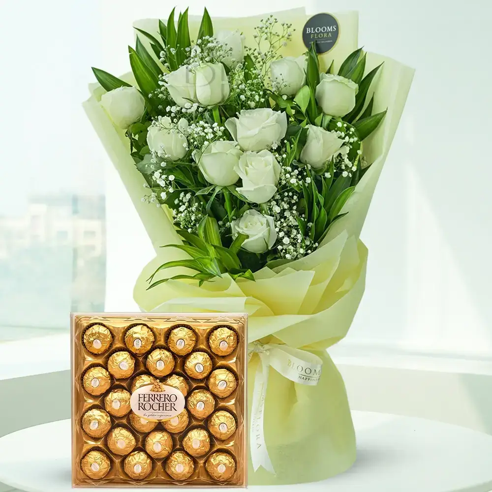 Bouquet of White Roses & Chocolates