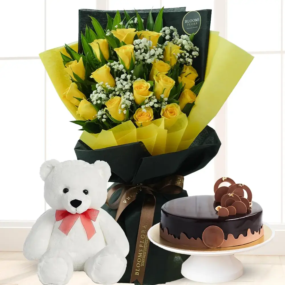 Bouquet of Yellow Roses, Teddy & Cake