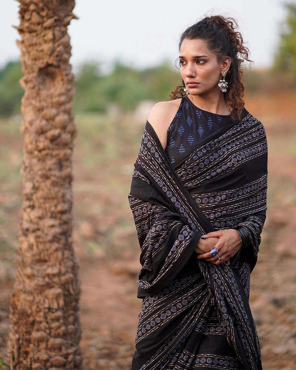 Open Field Blockprinted Cotton Saree-WWB