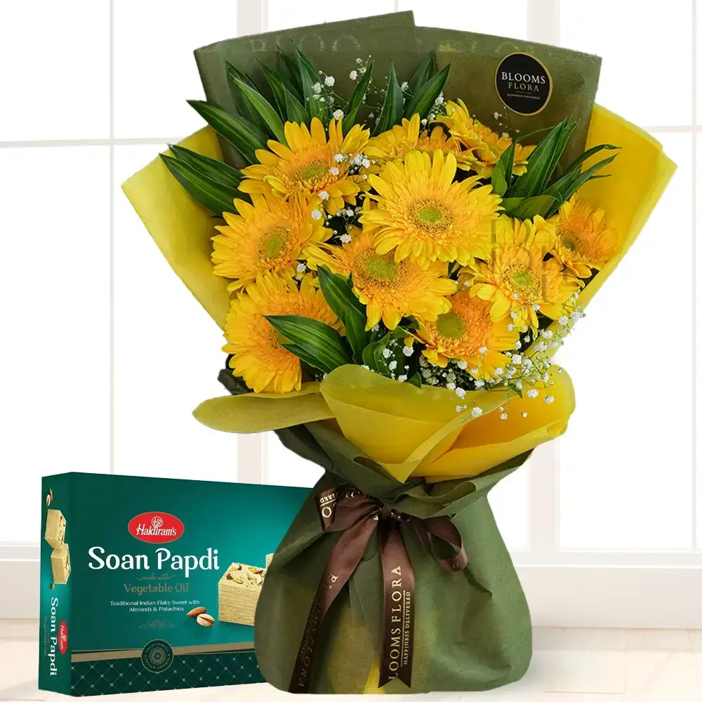 Bouquet of Yellow Gerberas & Soan Papdi