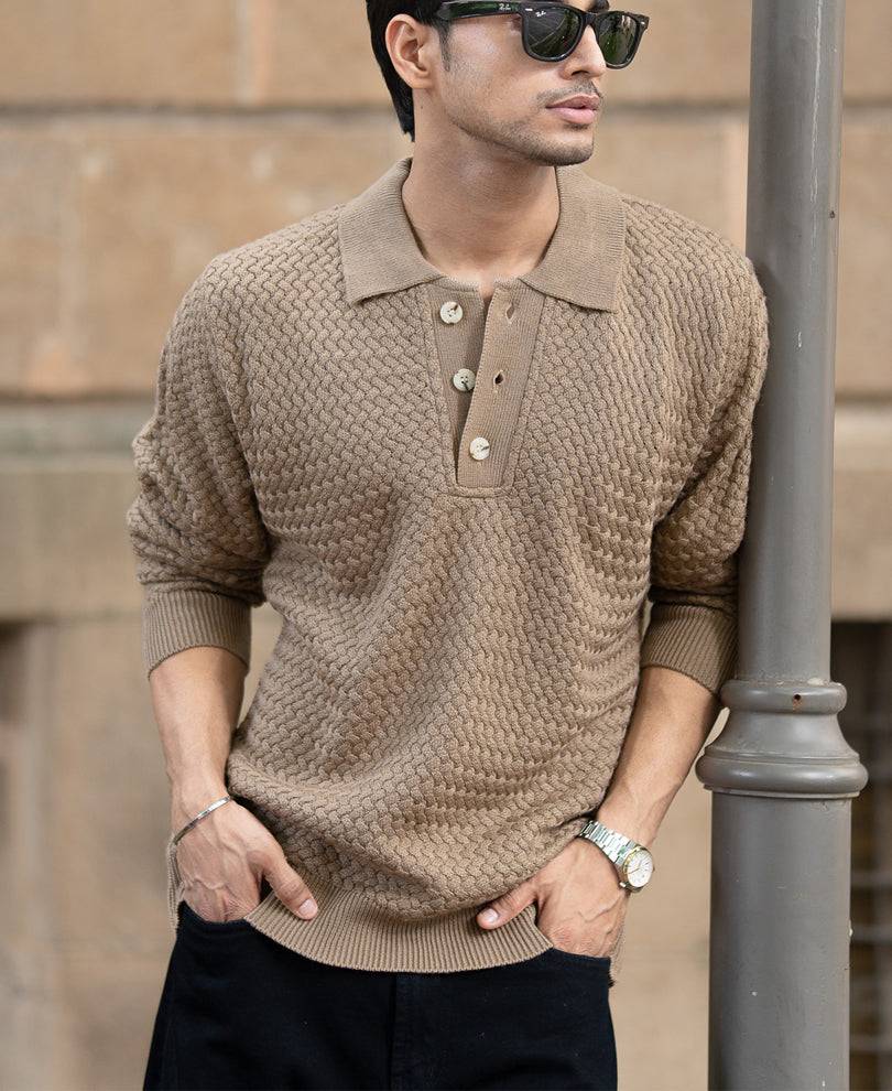 Dark Beige Knit Polo Sweater Buy @ ₹1299