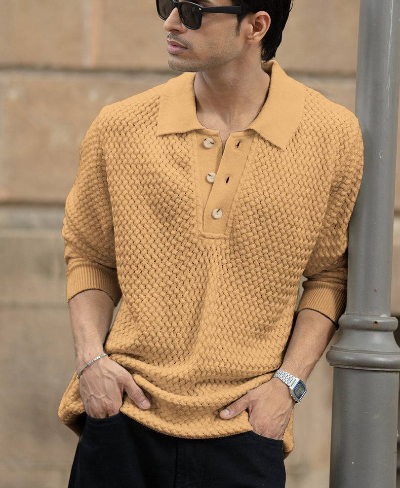 Dusty Yellow Knit Polo Sweater Buy @ ₹1099