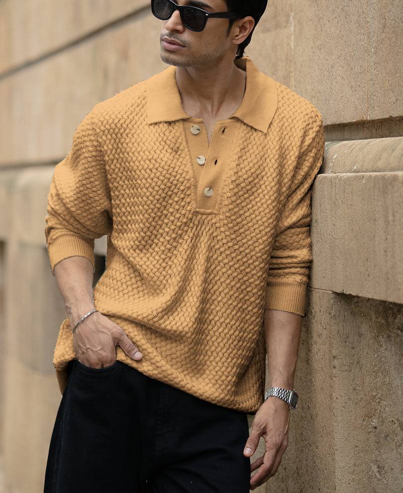 Dusty Yellow Knit Polo Sweater Buy @ ₹1099