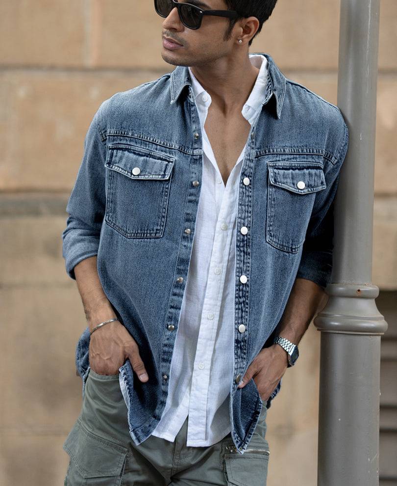 Mid Blue Washed Denim Regular Fit Overshirt Buy @ ₹1499