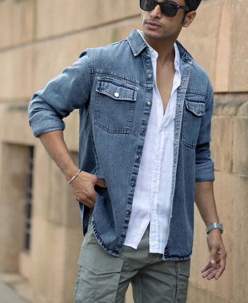 Mid Blue Washed Denim Regular Fit Overshirt Buy @ ₹1499