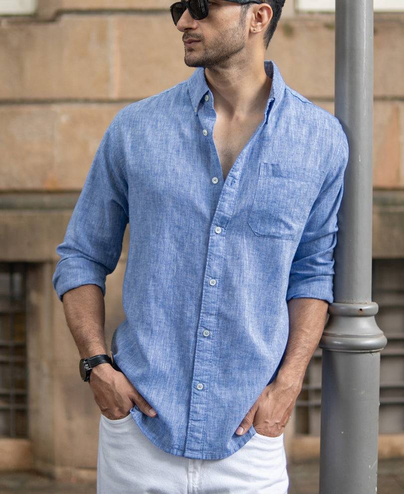 Blue Slub Linen Blend Shirt Buy @ ₹1199