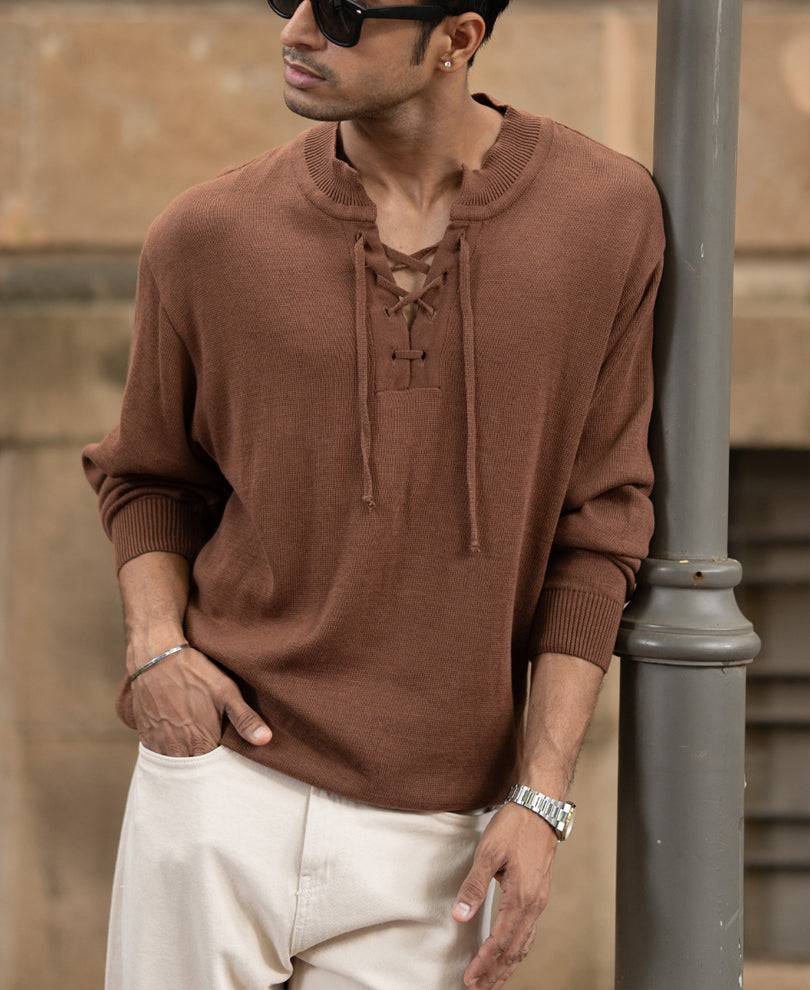 Dark Tan Knitted Henley T-Shirt Buy @ ₹1199