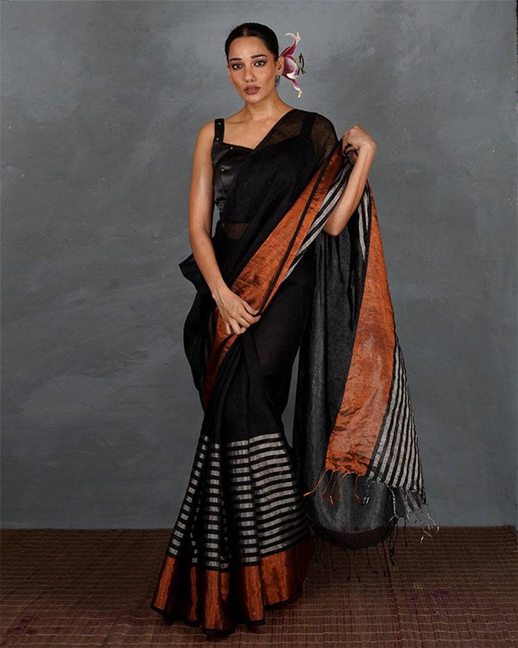 Follow Dawn Black Handwoven Linen Saree - TARA