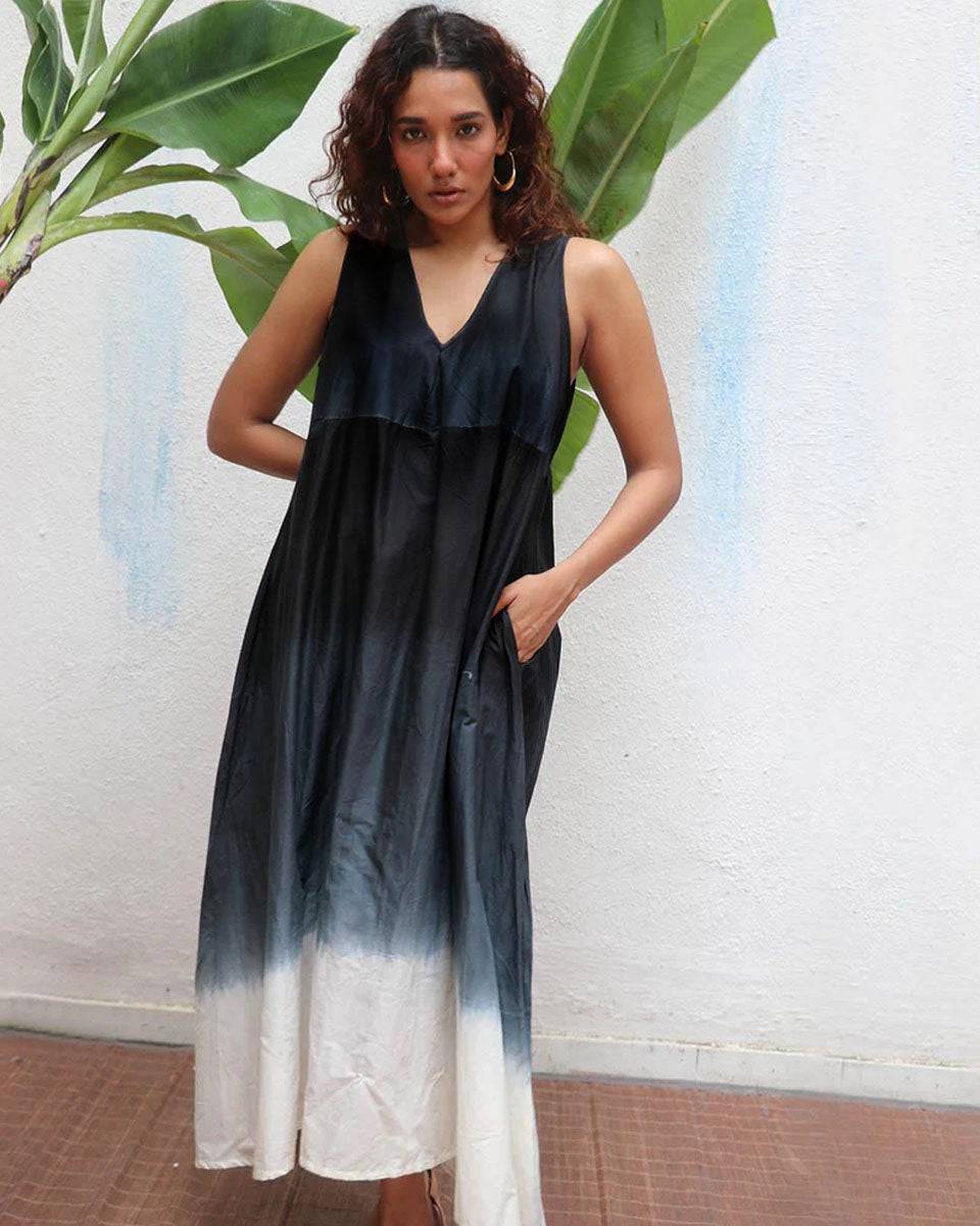 Blackberry Matcha  Handblock Printed Cotton Dress - Mono