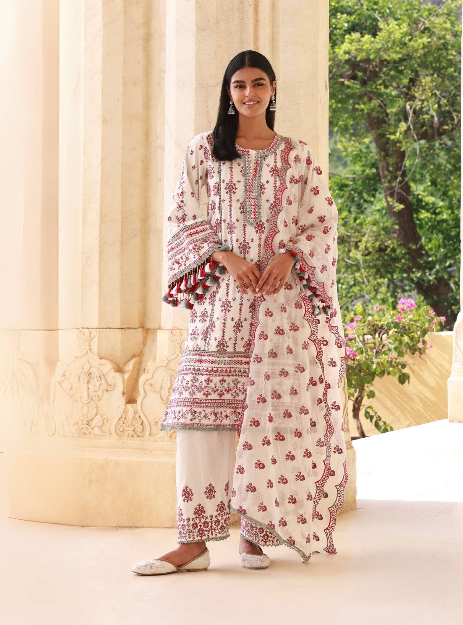 Lomeya Supima Cotton White & Fuschia Kurta Set