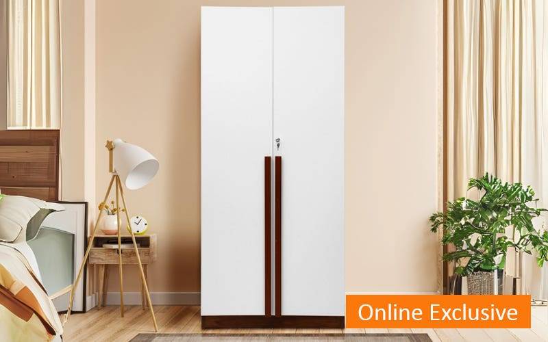 GUDSMITH Haven 2 Door Wardrobe with Long Handel In Frosty White & Columbian Walnut Finish