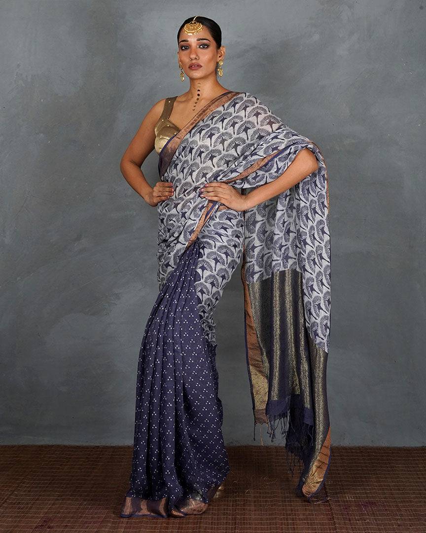 Prabha Blue With White Handblock Linen Saree - TARA