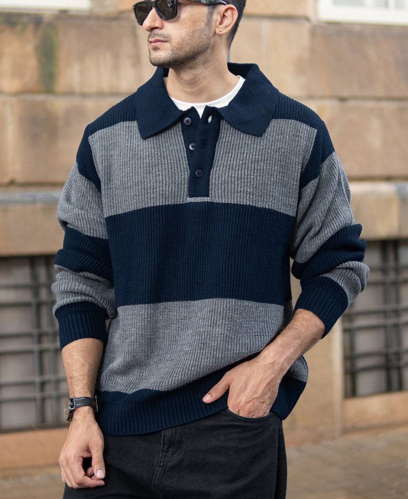 Grey And Navy Knit Striped Polo Sweater Buy @ ₹1299