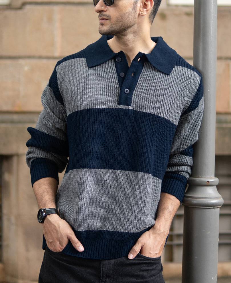 Grey And Navy Knit Striped Polo Sweater Buy @ ₹1299