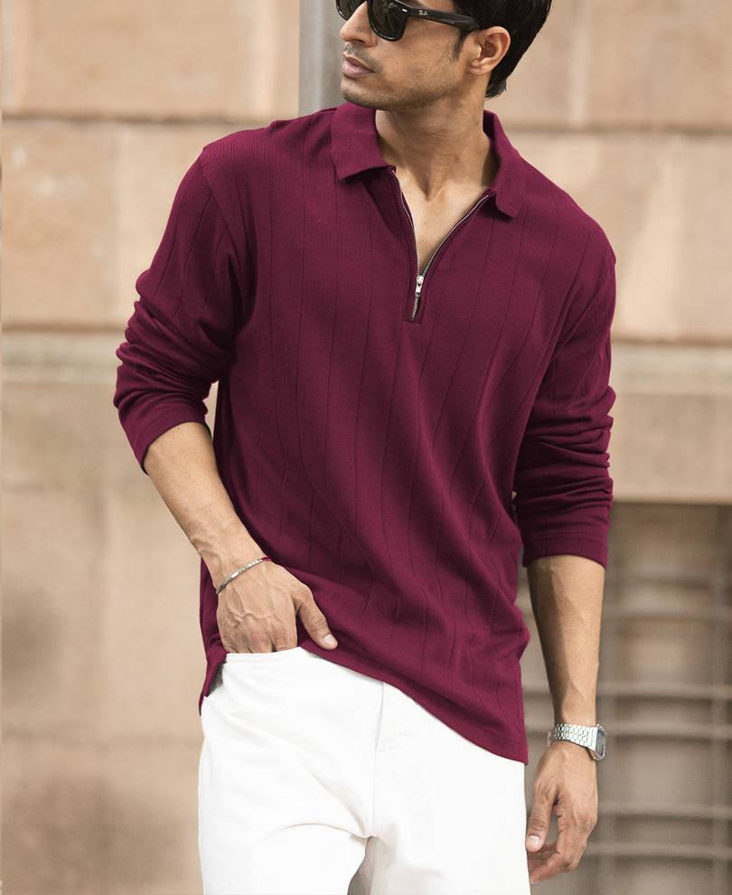 Wine Knitted Zipper Polo T-Shirt Buy @ ₹1099