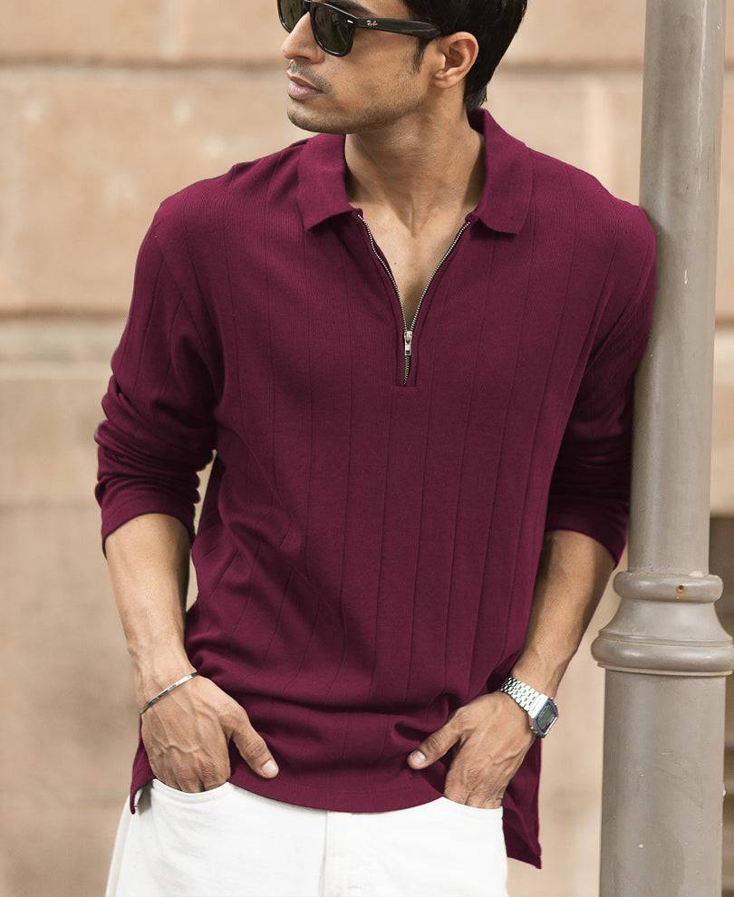 Wine Knitted Zipper Polo T-Shirt Buy @ ₹1099