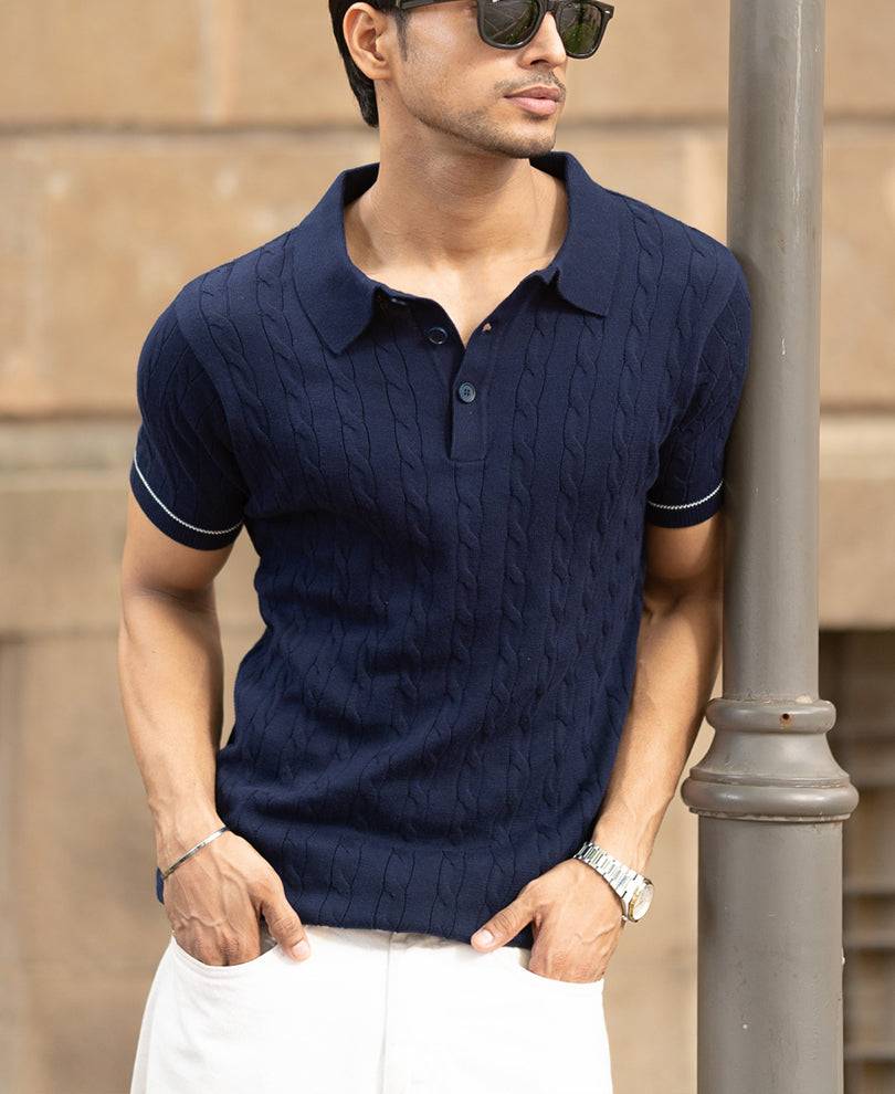 Navy Knitted Polo T-Shirt Buy @ ₹999