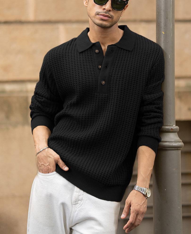 Black Structured Knit Polo T-Shirt Buy @ ₹1299