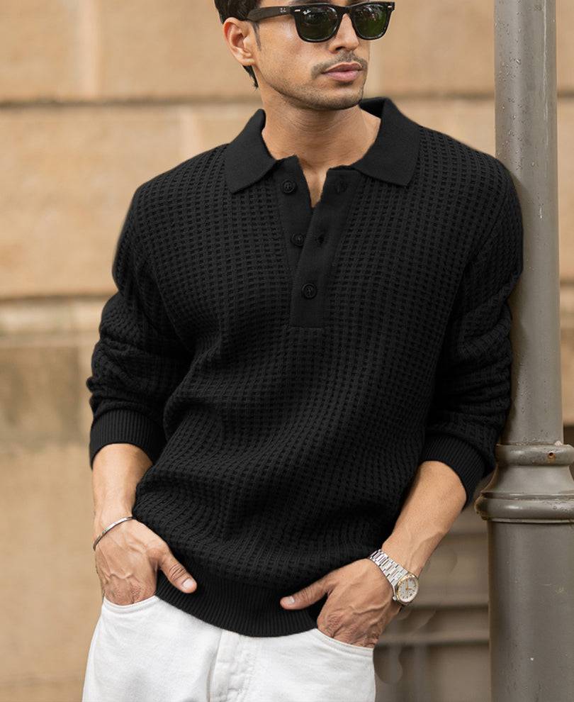 Black Structured Knit Polo T-Shirt Buy @ ₹1299