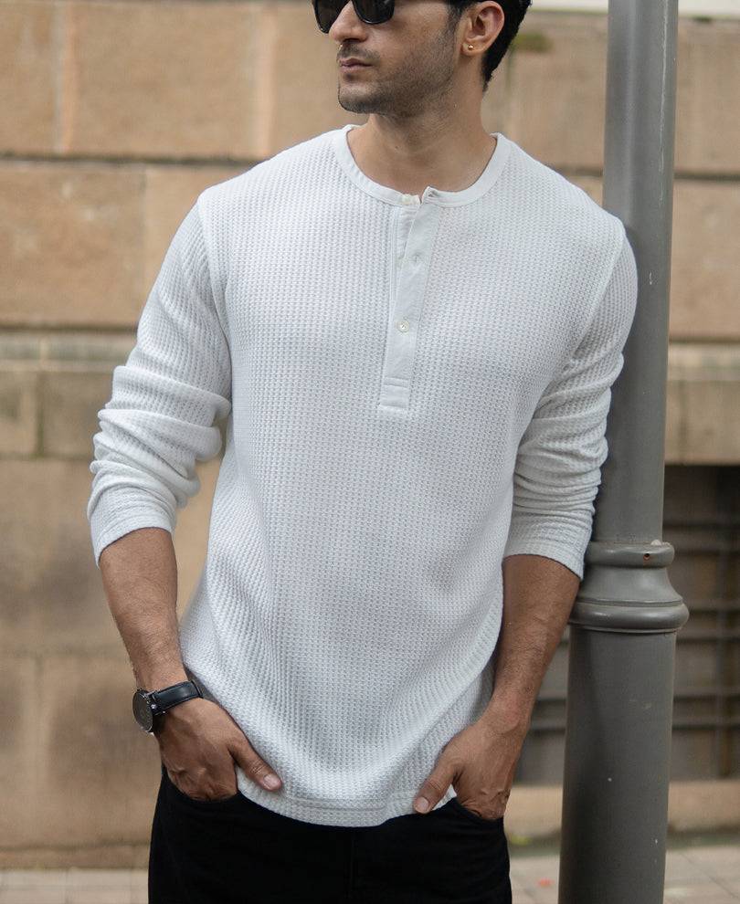 White Knitted Henley T-Shirt Buy @ ₹799