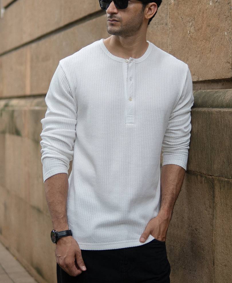 White Knitted Henley T-Shirt Buy @ ₹799