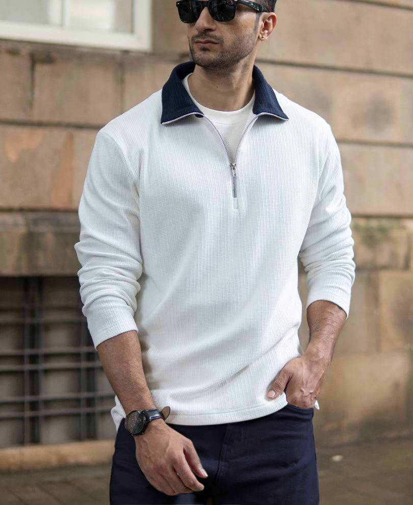 Off White Contrast Collar Zipper T-Shirt Buy @ ₹1199