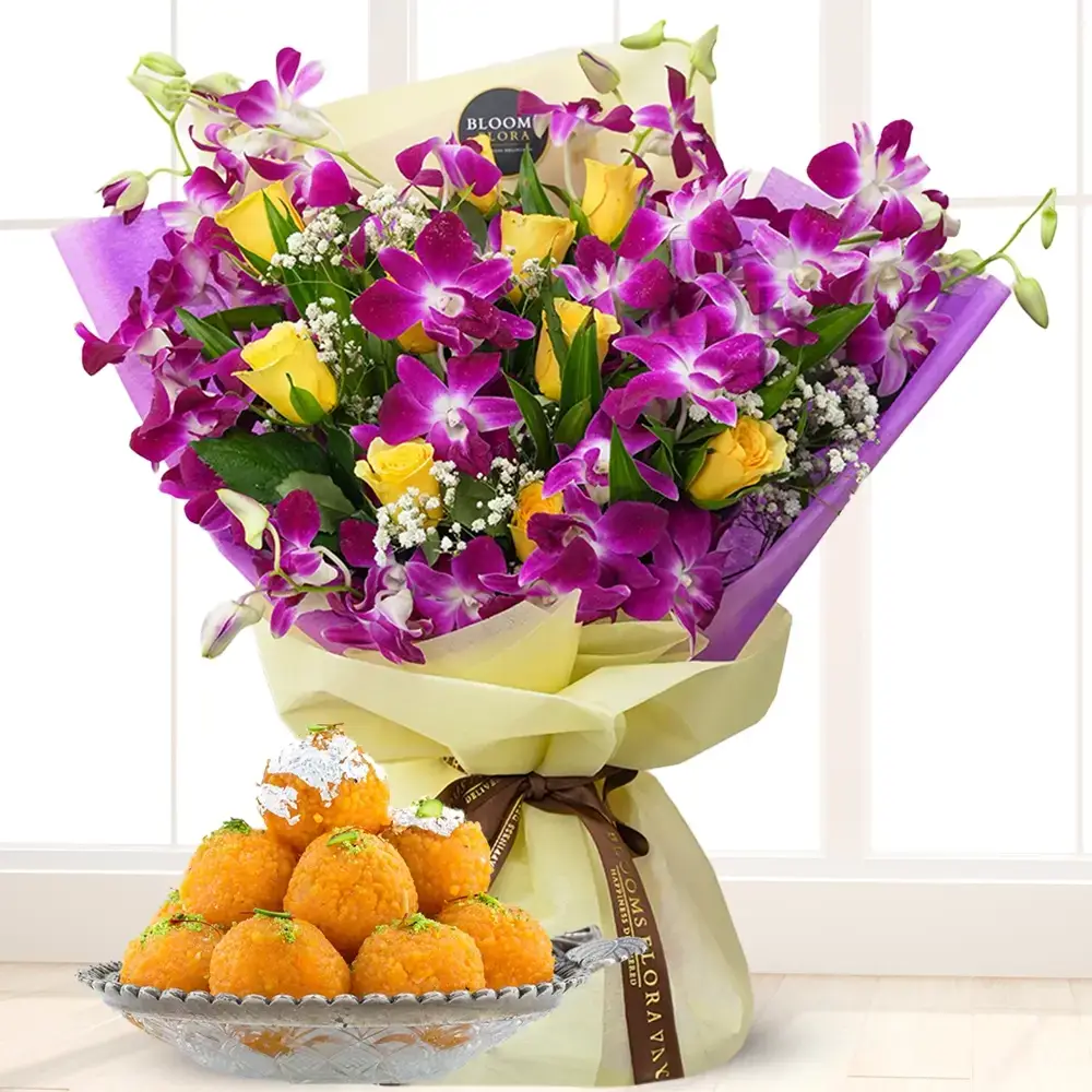 Bouquet of Roses & Orchids & Motichur Laddu
