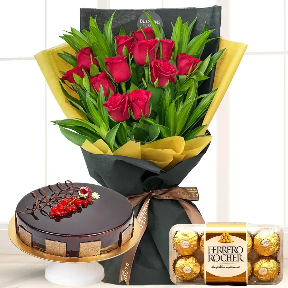 Red Roses Bunch With Cake & Chocolate