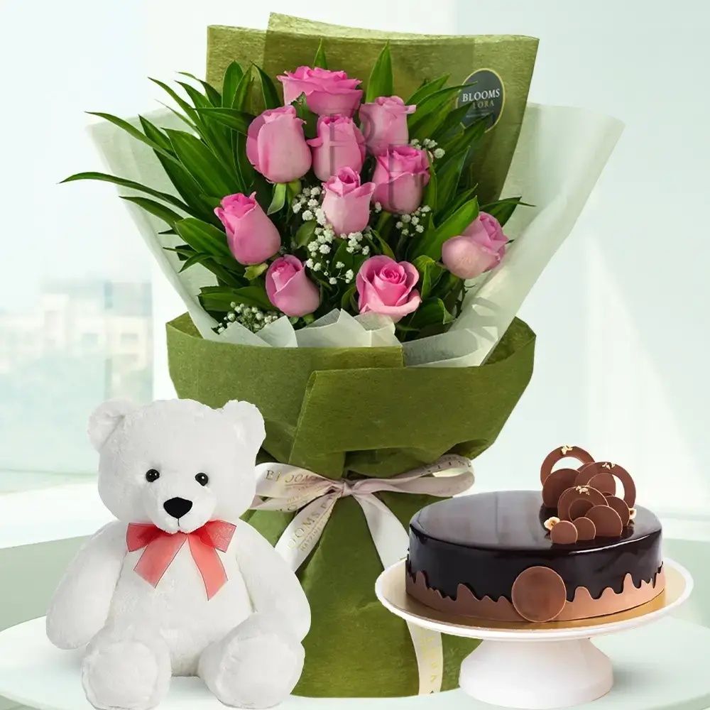 Bouquet of Roses, Cake & Teddy