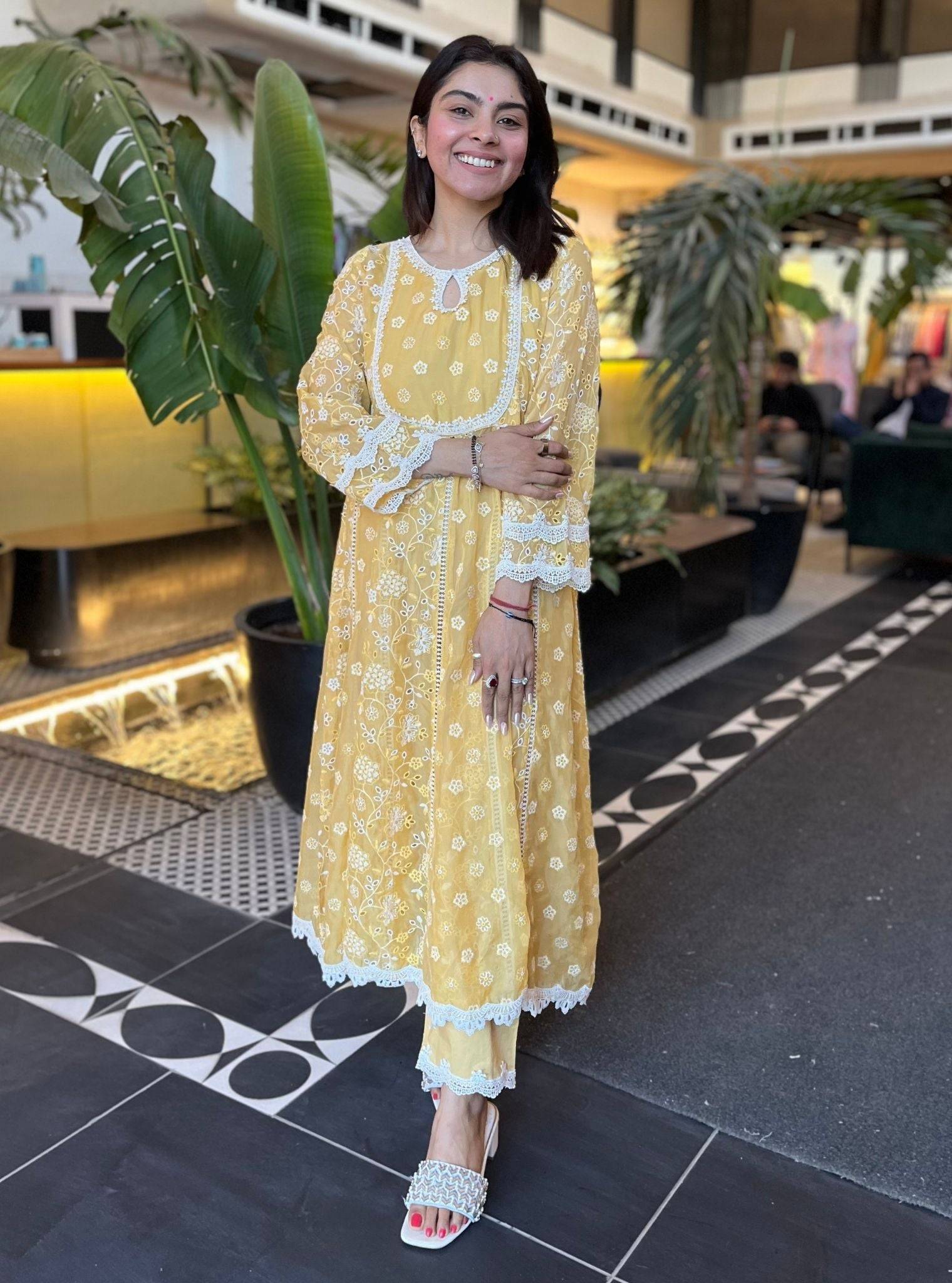 Britney Organza Yellow Anarkali Kurta Set