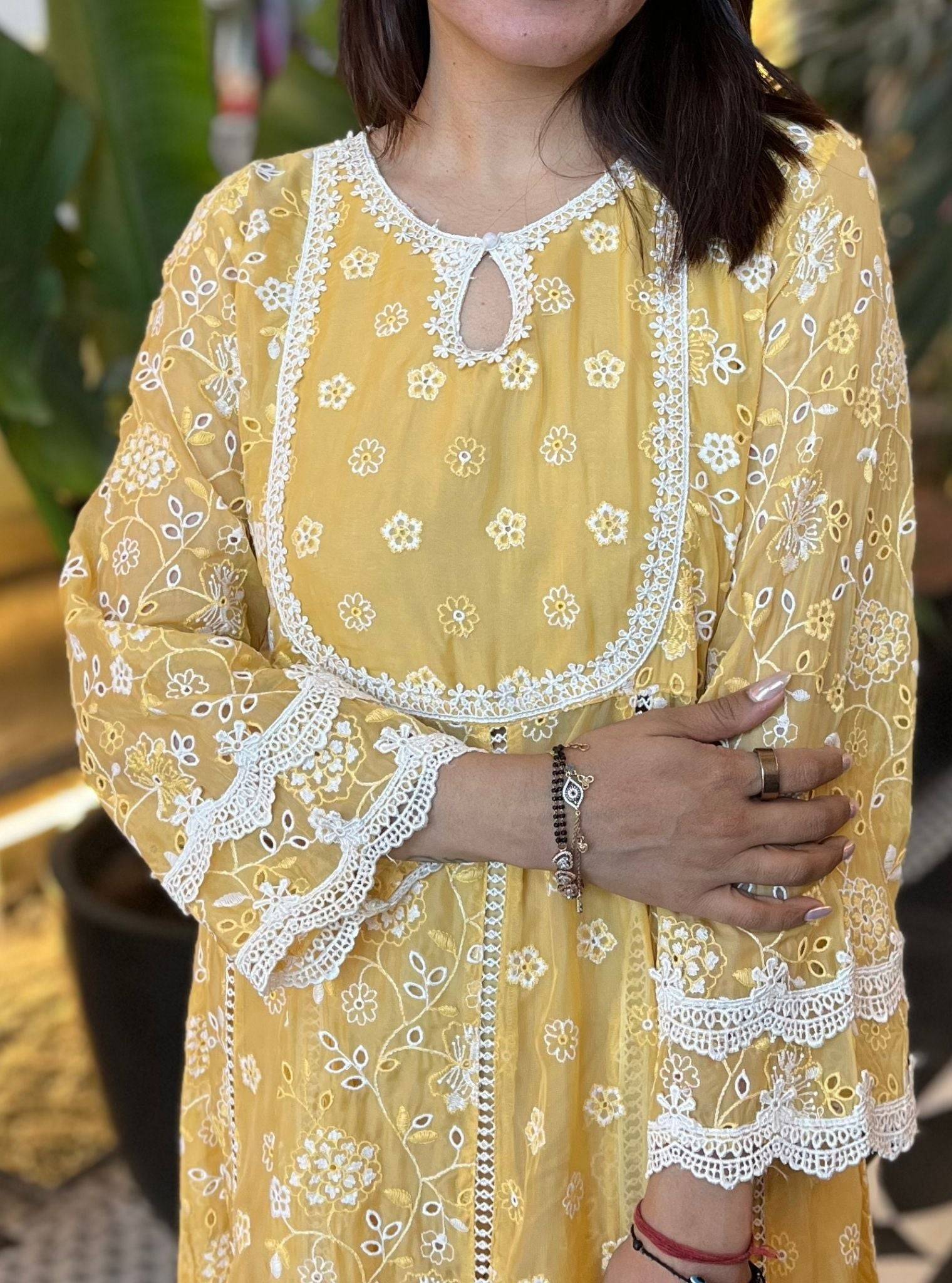 Britney Organza Yellow Anarkali Kurta Set