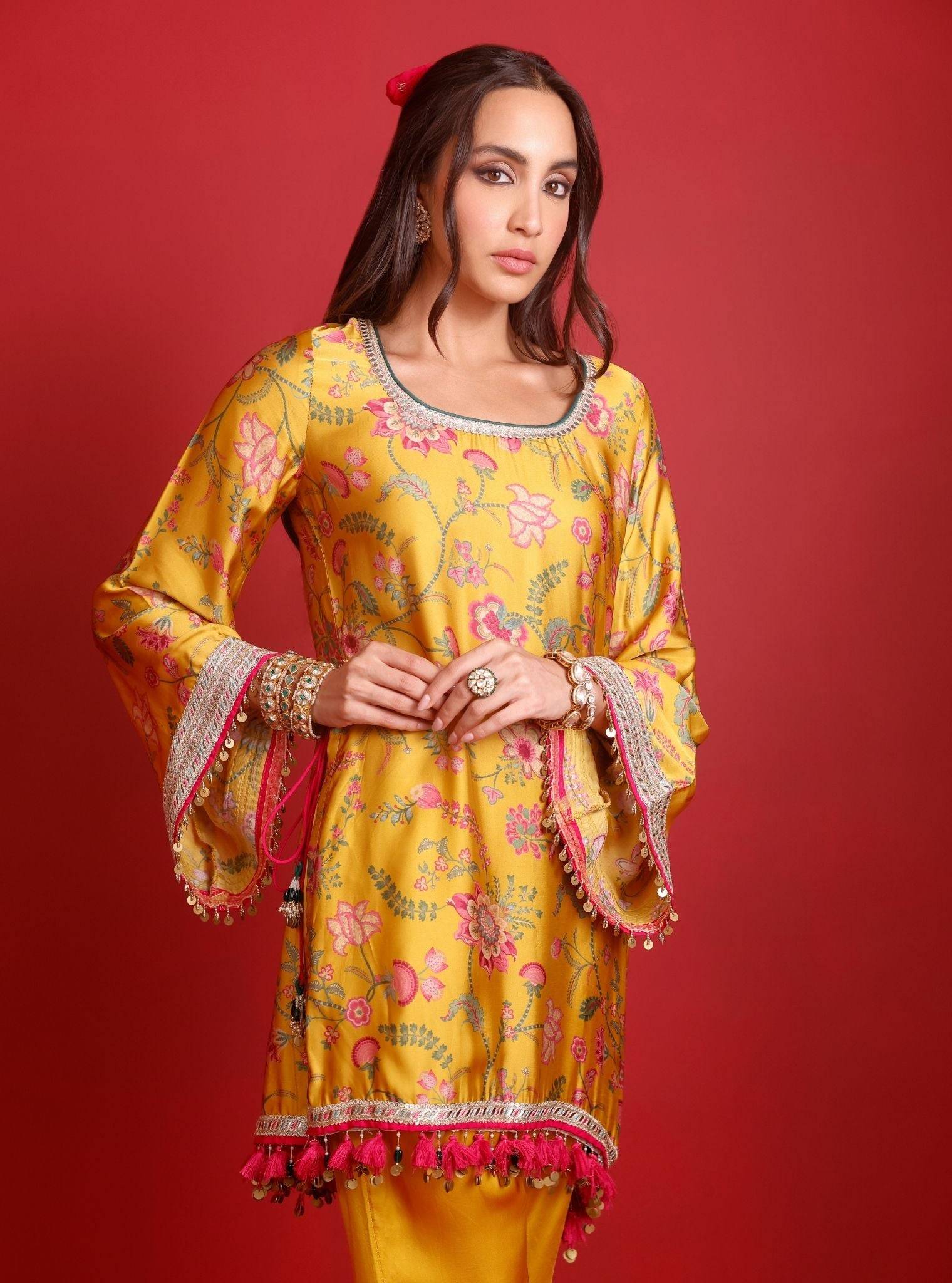 Arvi Cupro Satin Mustard Kurta Set