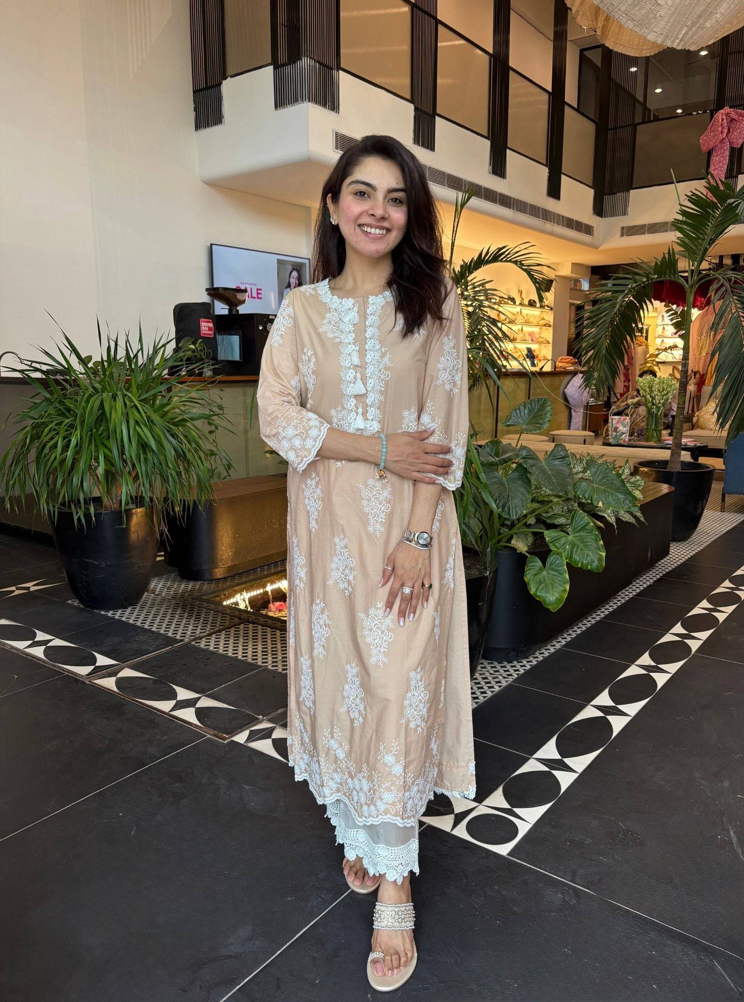 Perla Cotton Beige Kurta with Floral Lace Flared White Pant Set