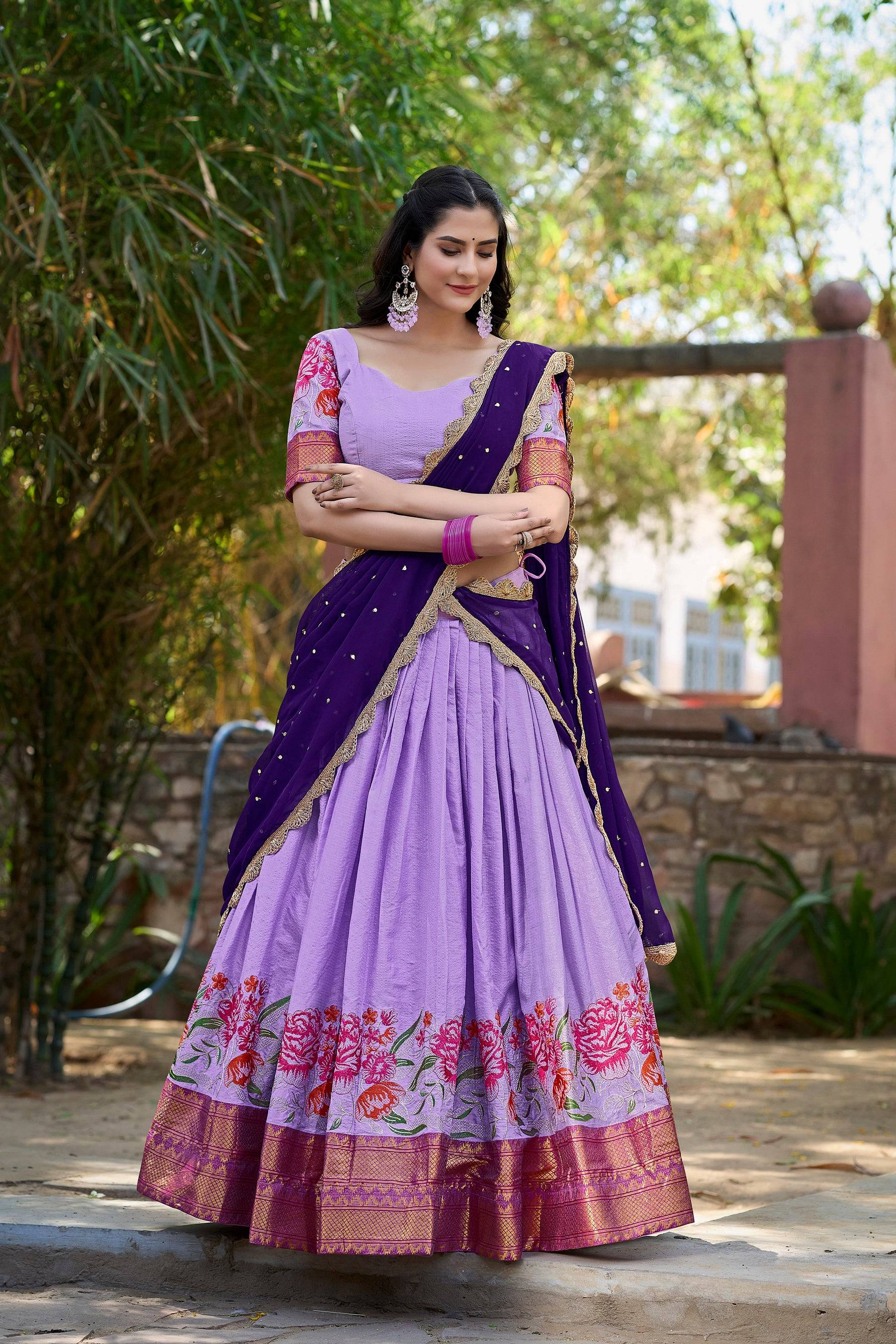 Lavender Cotton Silk Embroidered Lehenga Choli with Purple Georgette Sequin Dupatta