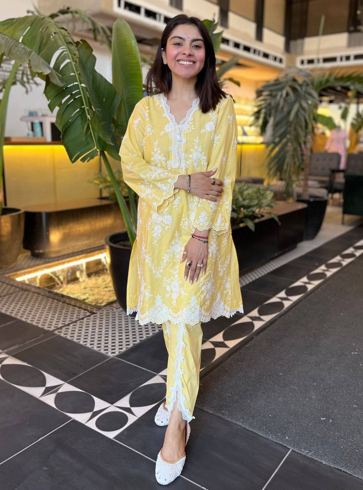 Atrai Cotton Yellow Kurta with Dhoti Pant Set