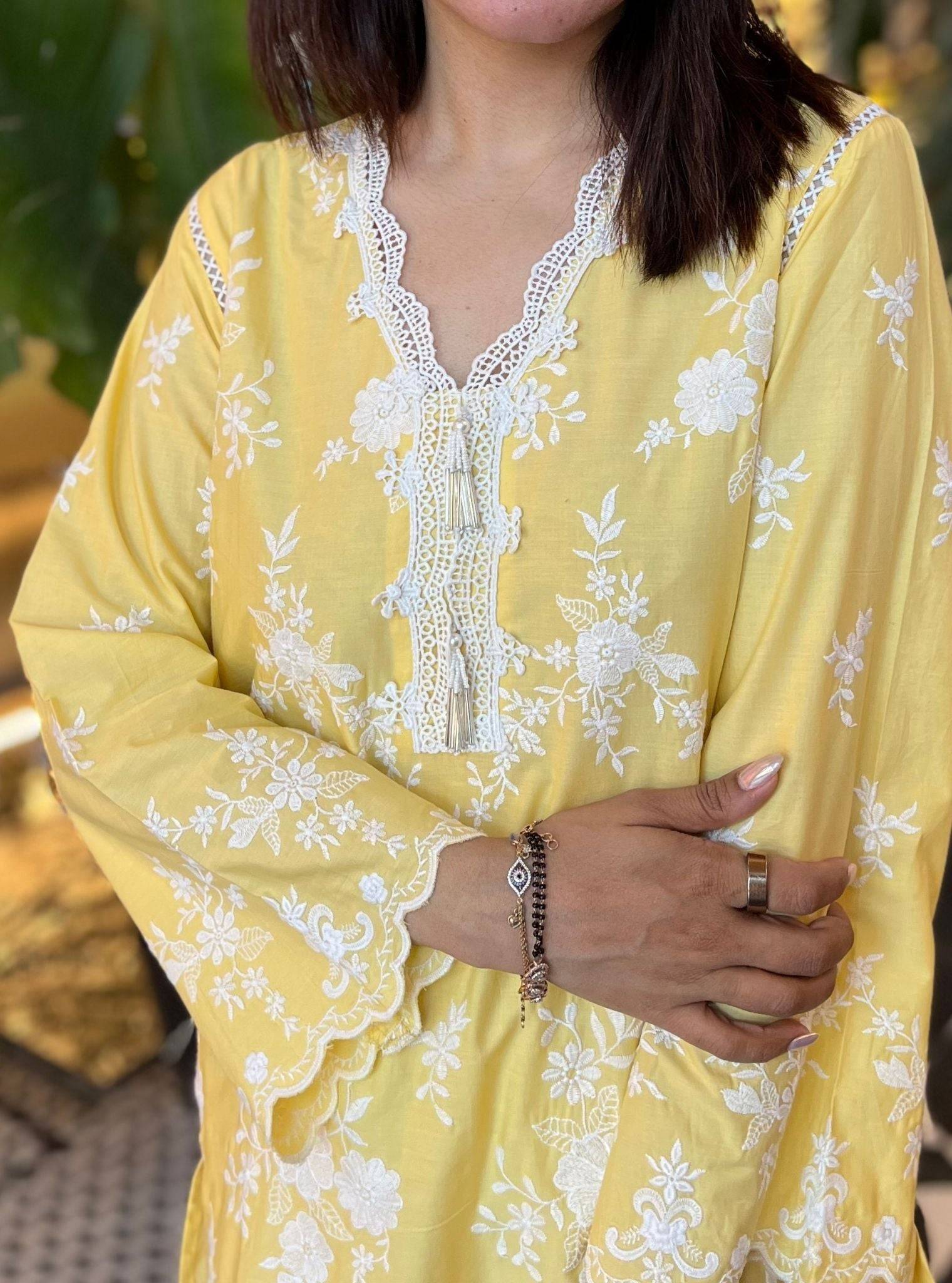 Atrai Cotton Yellow Kurta with Dhoti Pant Set
