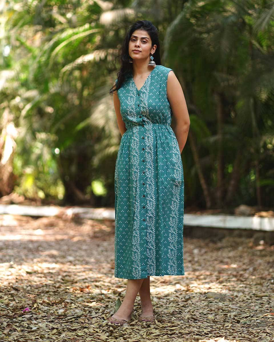 Petunias’ Perfume Teal Green Block Printed Cotton Dress - MMG