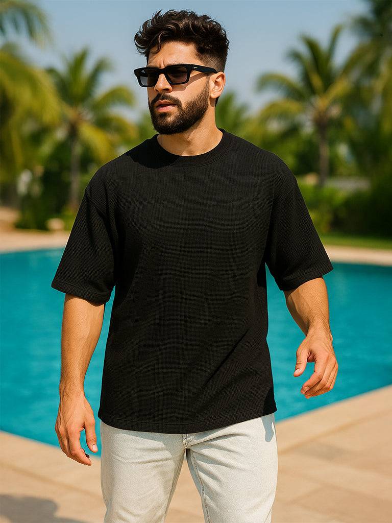 Black Textured Plain Oversized Exclusive T-shirt