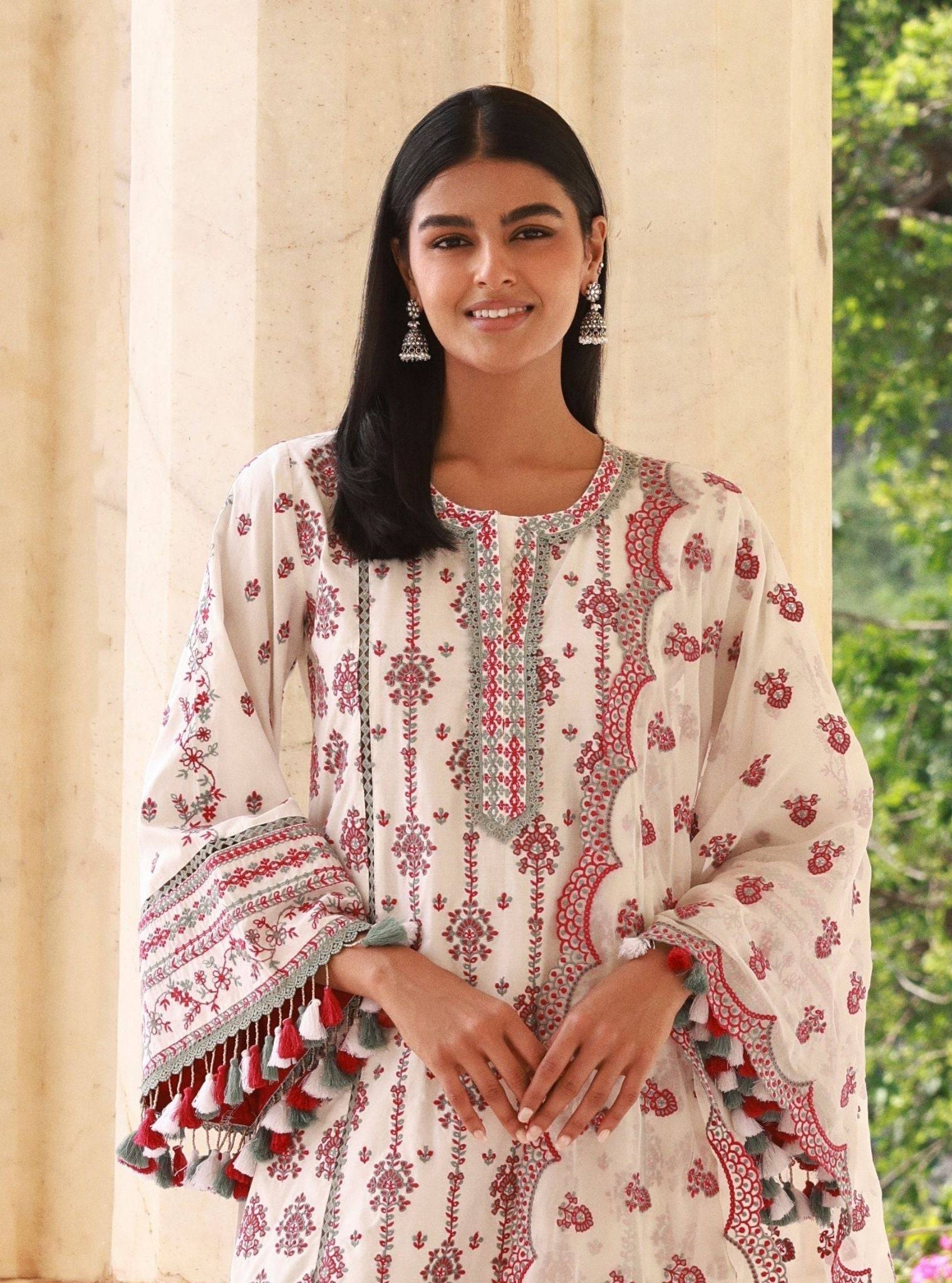 Lomeya Supima Cotton White & Fuschia Kurta Set