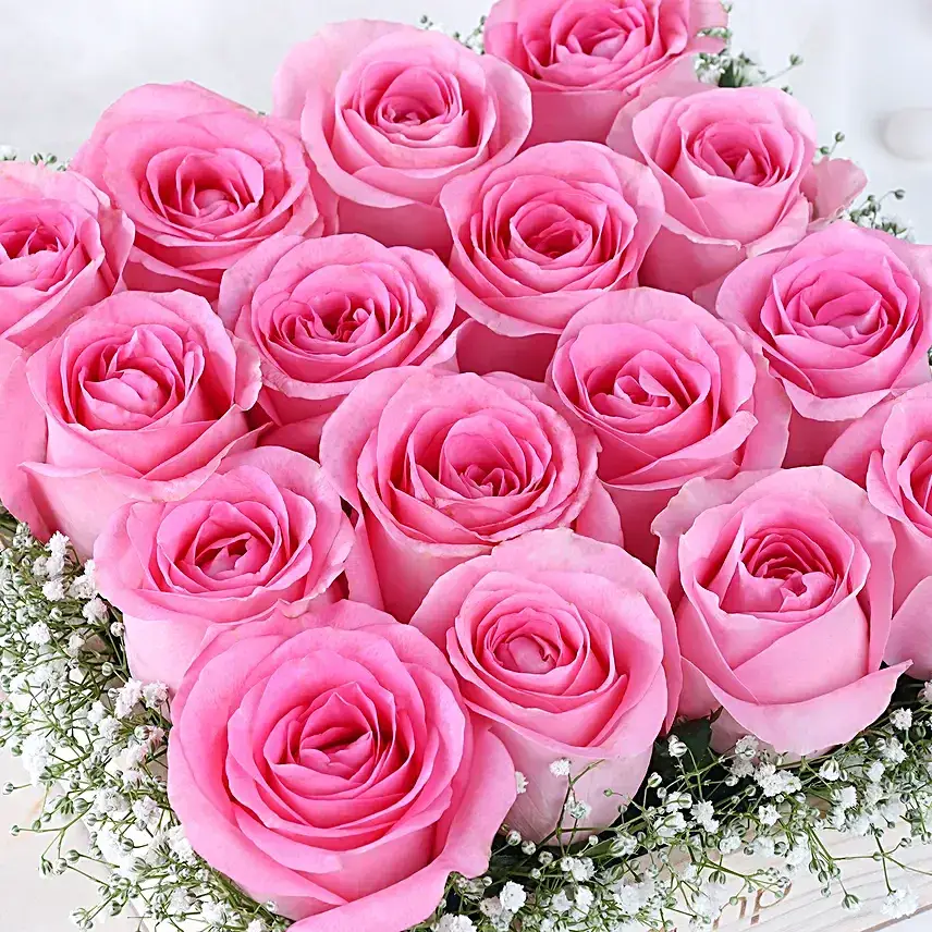 16 Pink Roses Arrangement In Wooden Base